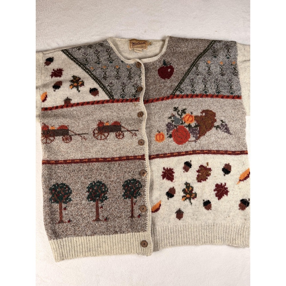 Woolrich Cardigan Sweater Womens Large Beige 100% Wool Fall Harvest Apple Knit - Picture 9 of 16
